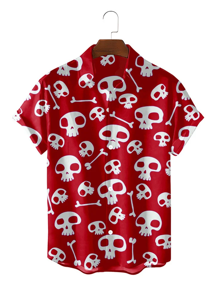 Men's Summer Printed Shirt Models Skull Pattern Print Hawaii Beach Vacation Thin Section Floral Short-sleeved Shirt-Mixcun