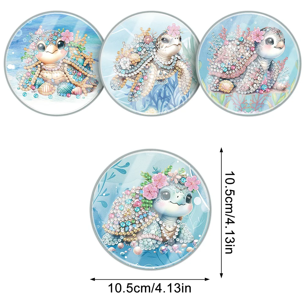 4Pcs Turtle DIY Waterproof Acrylic Special Shape Diamond Painting Coaster