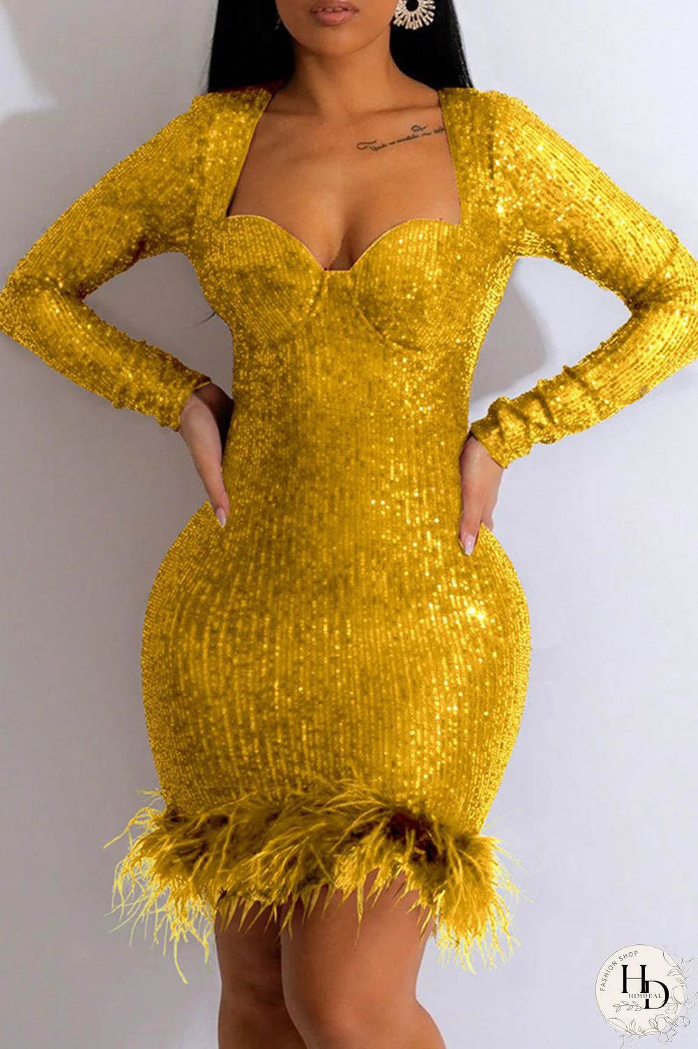Yellow Sexy Patchwork Sequins Feathers Square Collar Long Sleeve Dresses