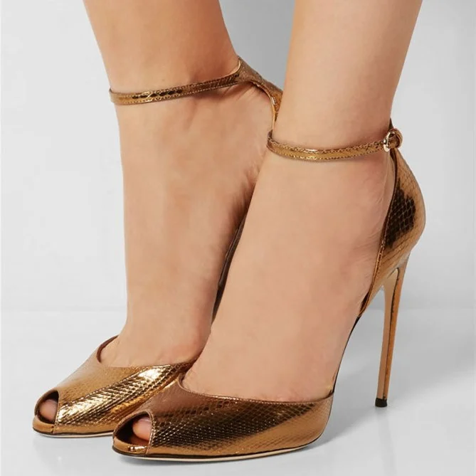 Gold Python Peep Toe Stiletto Heel Ankle Strap Sandals |FSJ Shoes