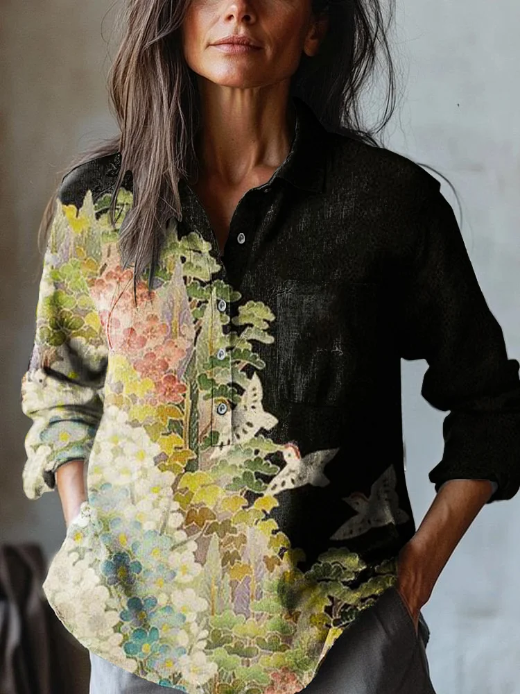 Women's Vintage Floral Art Print Casual Cotton and Linen Shirt