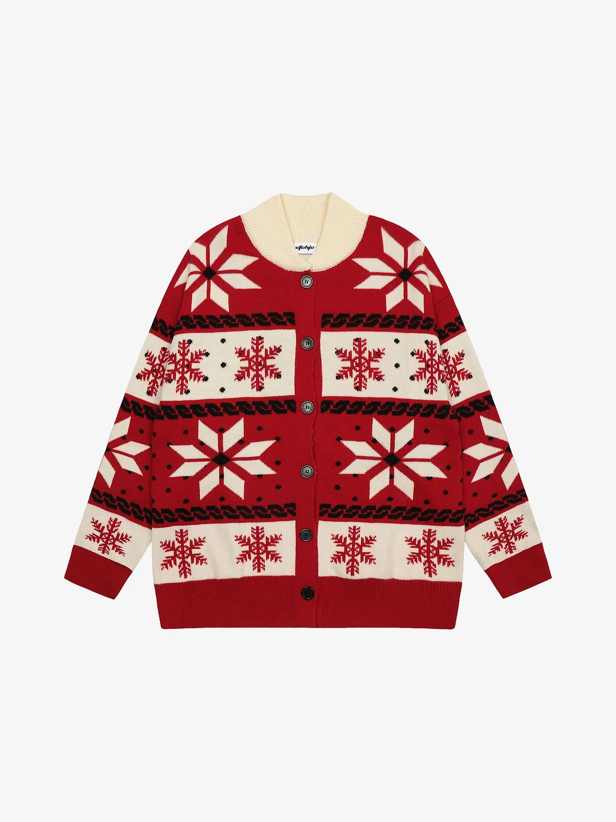Red Actchic Snowflake Jacquard Knit Cardigan Front