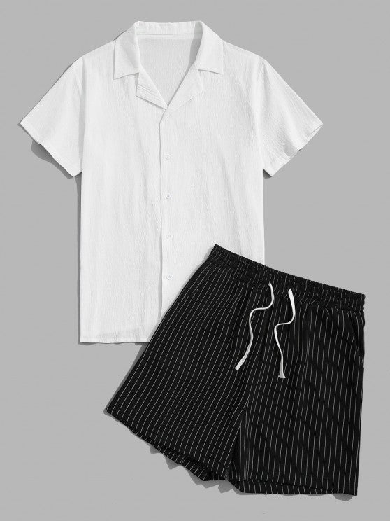 Textured Solid Colored Shirt And Striped Shorts Set