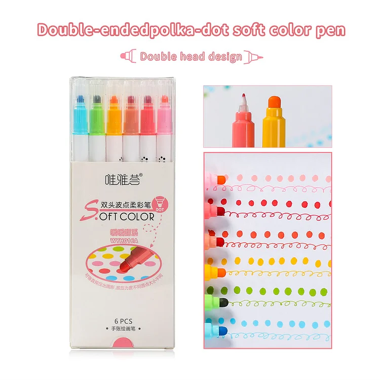 JOURNALSAY 6Pcs/Set Cute Creative Double Head Highlighter Polka Dot Soft Color Pen Student Drawing