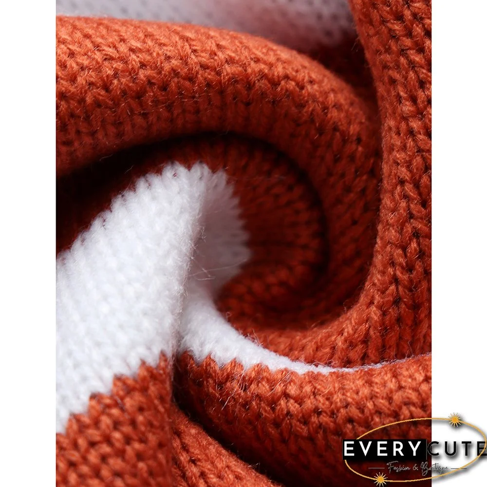 Rust Red Zip-up Stripe Print Knit Pullover Sweater