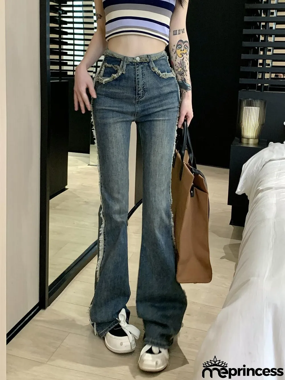 Blue Raw Edge Retro Denim Pants Women Spring High Waist Straight Leg Tight Fitting Slim Fit Micro Bell Bottom Jeans
