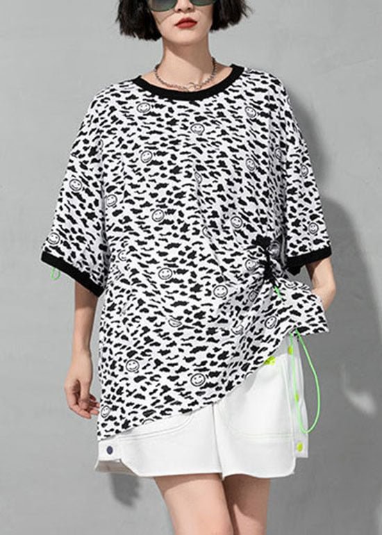 Bohemian White O-Neck drawstring Leopard Cotton T Shirt Short Sleeve CK430- Fabulory