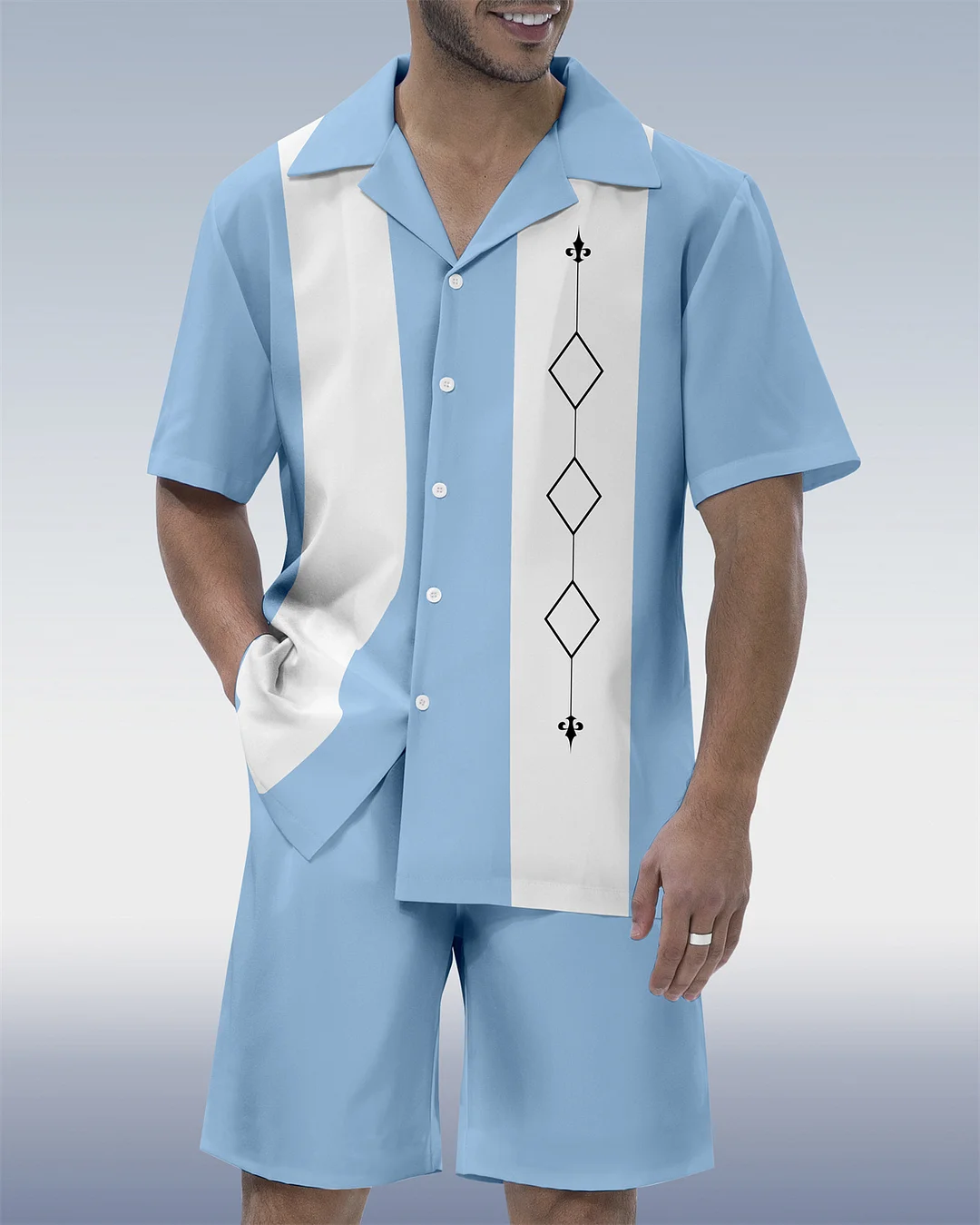 Men's Vacation Leisure Bowling Cuban Collar Short Sleeve Shirt Set