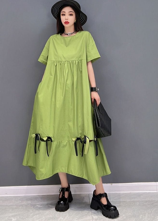 Green Patchwork Cotton Loose Dresses Solid Ruffles Short Sleeve