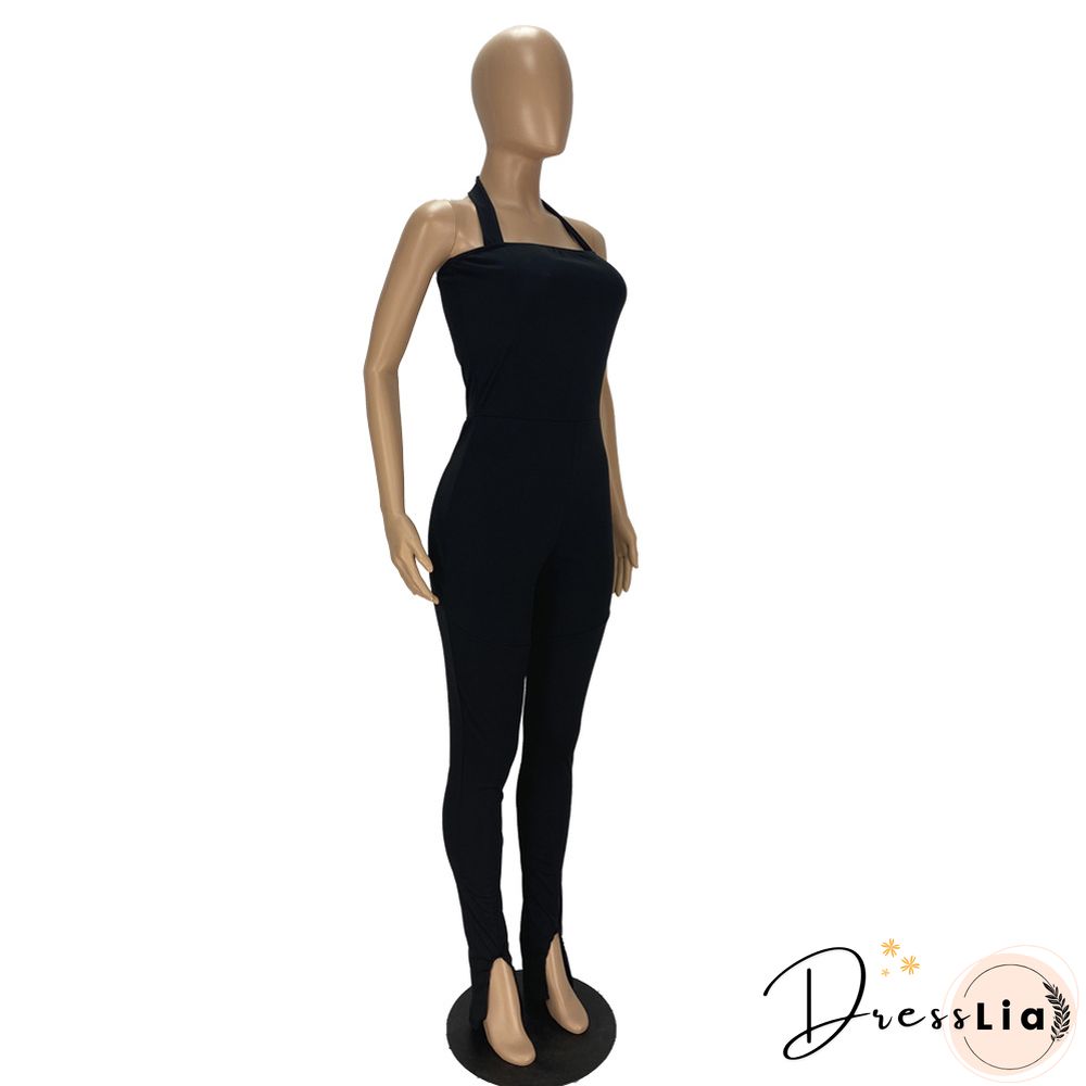 Women Solid Color Sportswear Sleeveless Halter Bodycon Jumpsuits