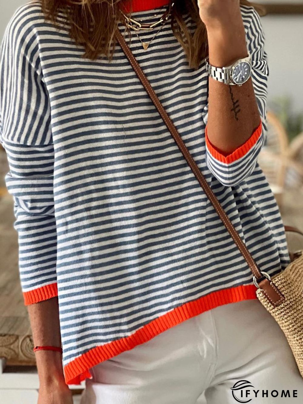 Casual Striped Long Sleeve Round Neck Tunic Sweater Knit Jumper | IFYHOME