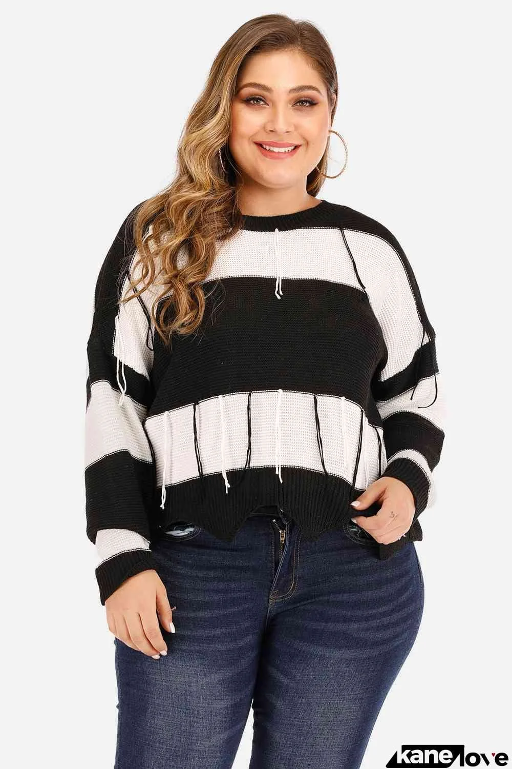 Plus Size Drop Shoulder Color Block Sweater