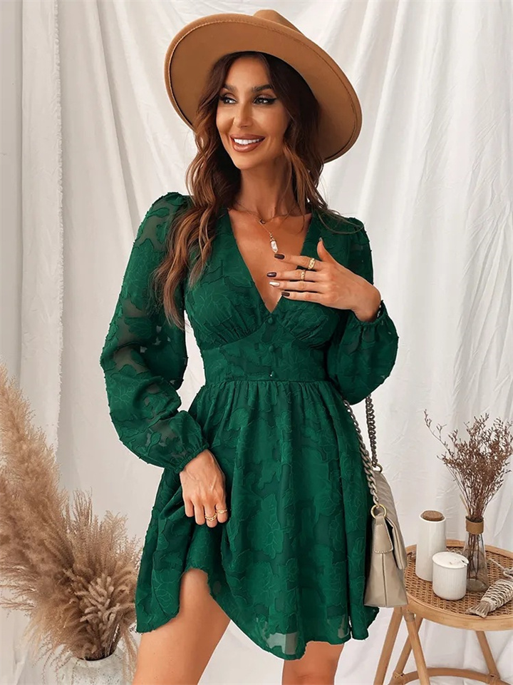 Low-cut A Word Mini Dress Female Green Purple Sexy Long-sleeved Party Dresses Spring and Autumn Female Halter Dresses