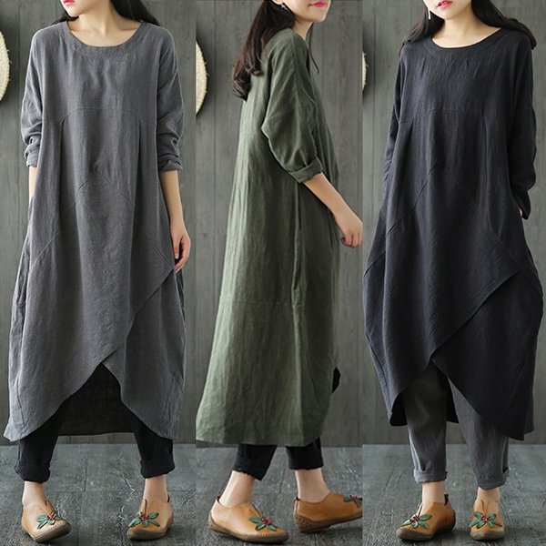 Spring New Women Crew Neck Long Sleeve Asymmetric Hem Cotton Linen Loose Long Dress With Pockets - BlackFridayBuys