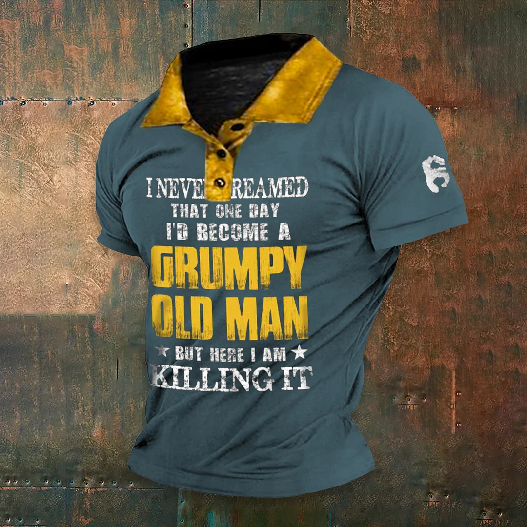 Stand Collar Vintage OLD MAN Print Polo T Shirt