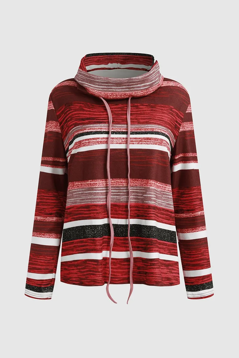 Striped Drawstring Cowl Neck Sweatshirt