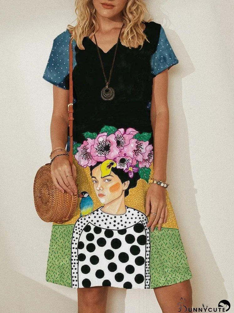 Loose V-neck Pullover Print Dresses