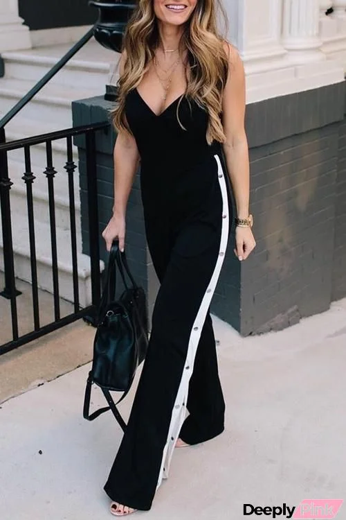 Button Side Slit Wide Leg Slip Jumpsuit