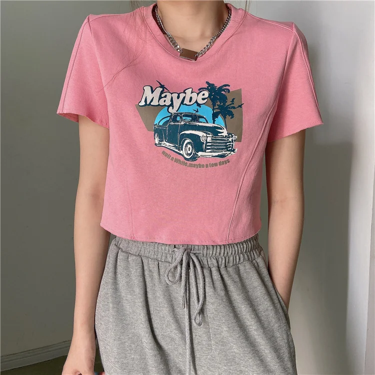 Pongl Pongl Ins Print T-Shirt Women's Summer Loose Short Crop Chic Flavor 2024 New Short-Sleeved Jacket Fashion