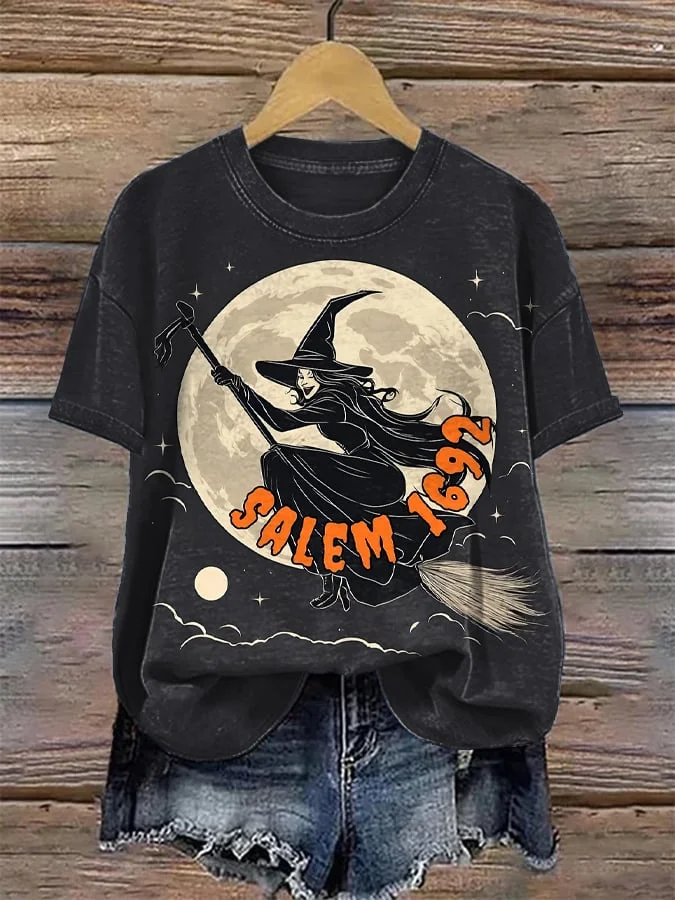 Women's Salem 1692 Witch On A Broomstick Print Round Neck T-Shirt