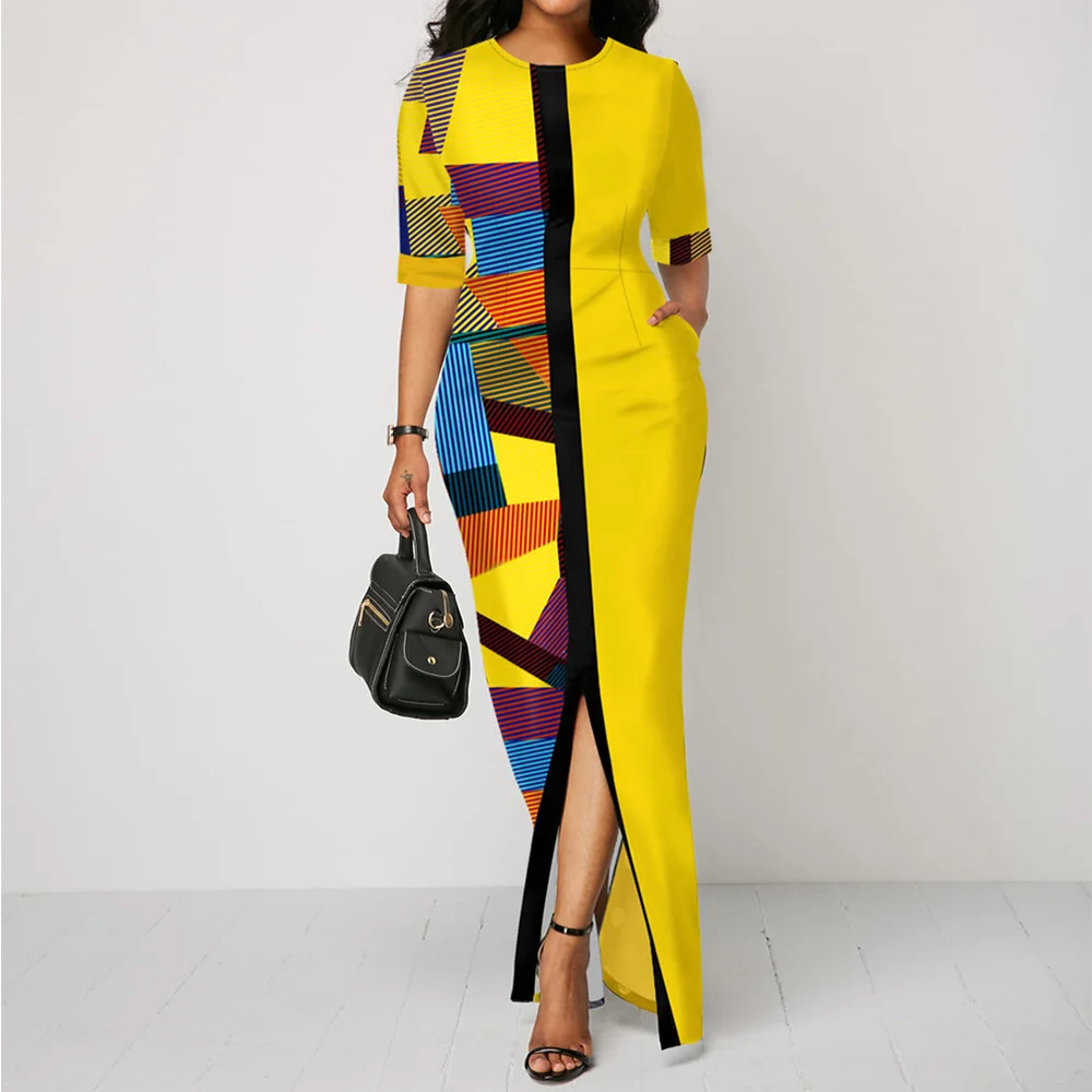 Fashion Short Sleeve Printed Dress Stitching Pocket Slit Skirt | EGEMISS