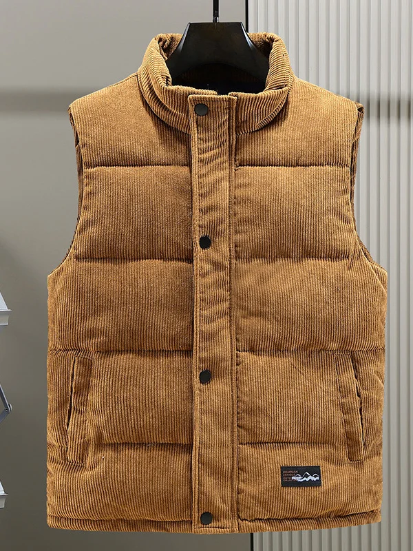 Men's Casual Stand-up Collar Solid Color Corduroy Zipper Button Vest Jacket
