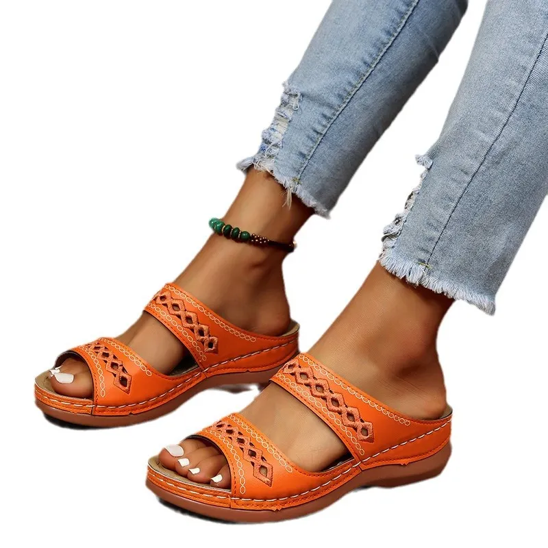 Breakj Breakj New Large-Size Slippers Retro Car Line Anti-Slip Round Slope And Comfortable Word Cool Slippers Woman