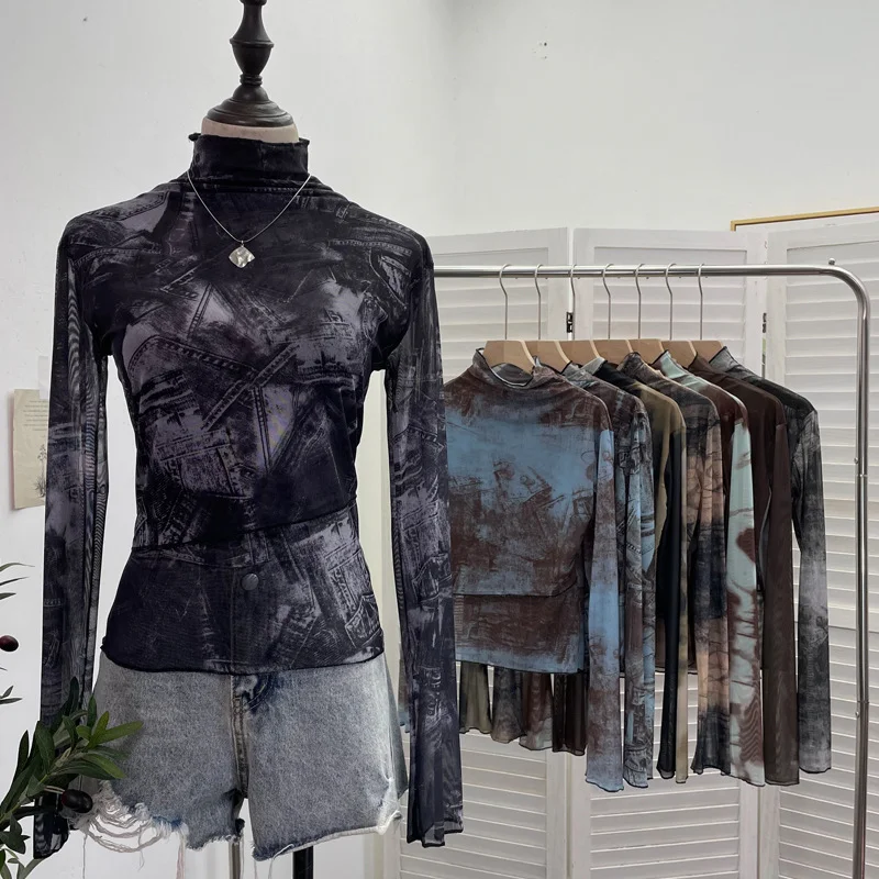 Nigikala Nigikala Shooting Denim Pattern Dye Printing Retro Babes Thin Mesh T-Shirt High-Necked Long Sleeve Bottom Shirt Top 9950