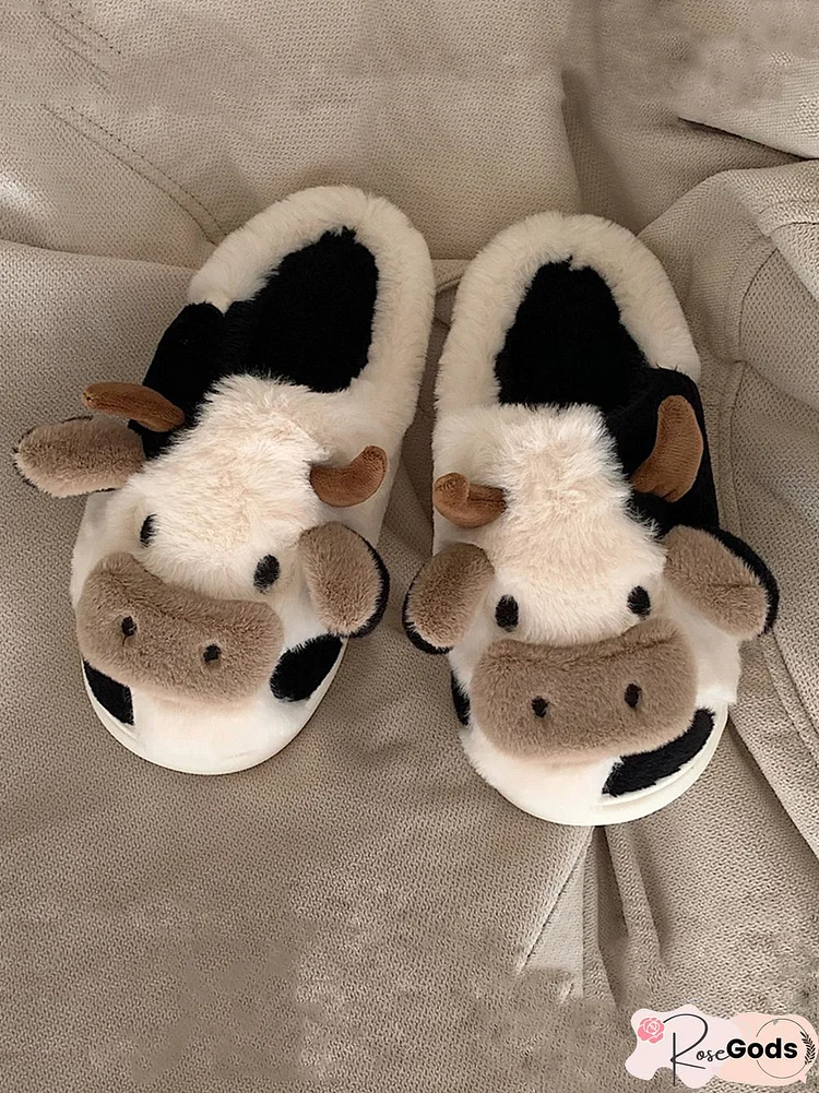 2023 Milk Cow Fluffy Fur Slippers Women Winter Warm Closed Plush Home Slippers Bunny Kawaii Flat Cute Animal Dog Slides Shoes