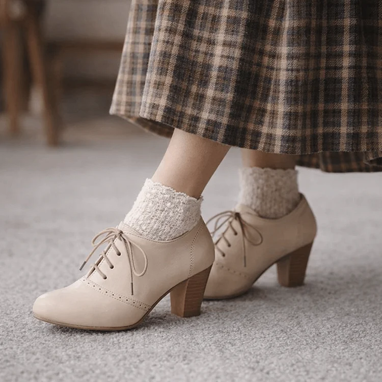Beige Oxford Lace up Chunky Heel Vintage Shoes Vdcoo