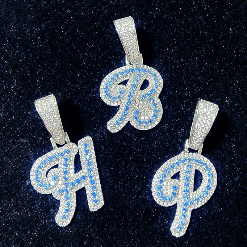 A-Z Blue Zircon Cursive Letter Chain Hip Hop Pendant Necklace Jewelry-VESSFUL
