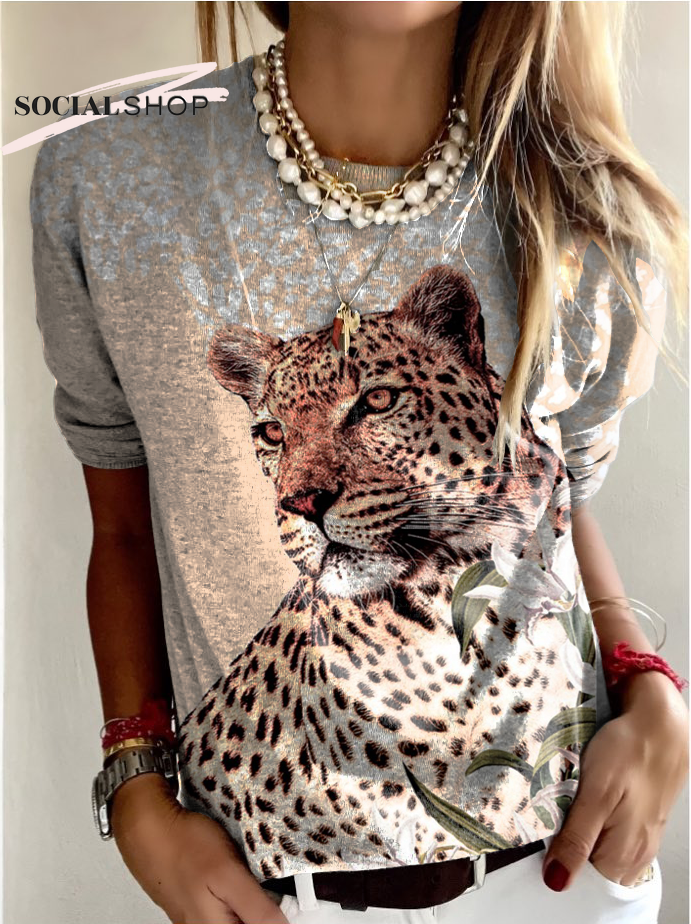 Cheetah Leopard Gradient Art Round Neck Knit Long Sleeve Top socialshop