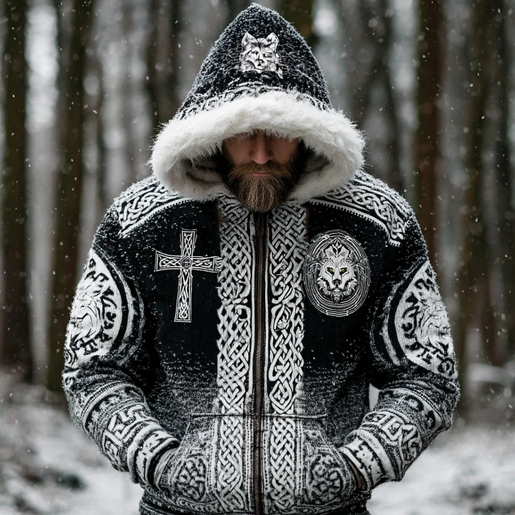 Men's Black And White Gradient Wolf Head Design Knitted Hoodie Sweater Jacket