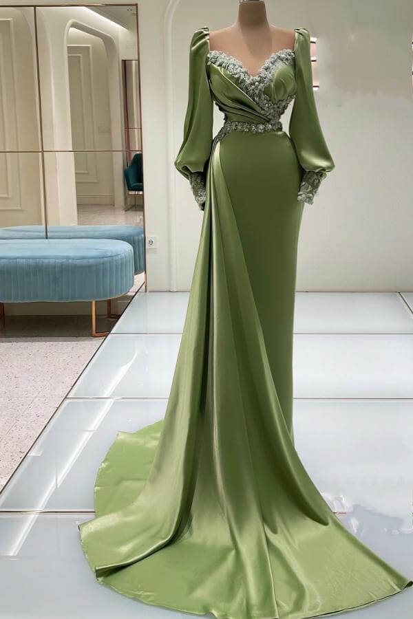 Chic Sage Sweetheart Long Sleeves Mermaid Evening Gown With Ruffles Beads - lulusllly