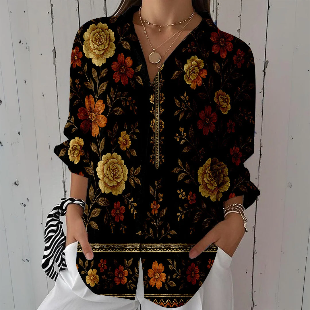 Style & Comfort for Mature Women Women Floral,Orange,Black DZCL0310 3/4 Sleeve Shirt Collar Printed Button Tops