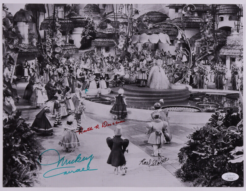 The Wizard of Oz 11x14 Movie Photo Poster painting Signed By 3 Lollipop Guild Munchkin Actor JSA