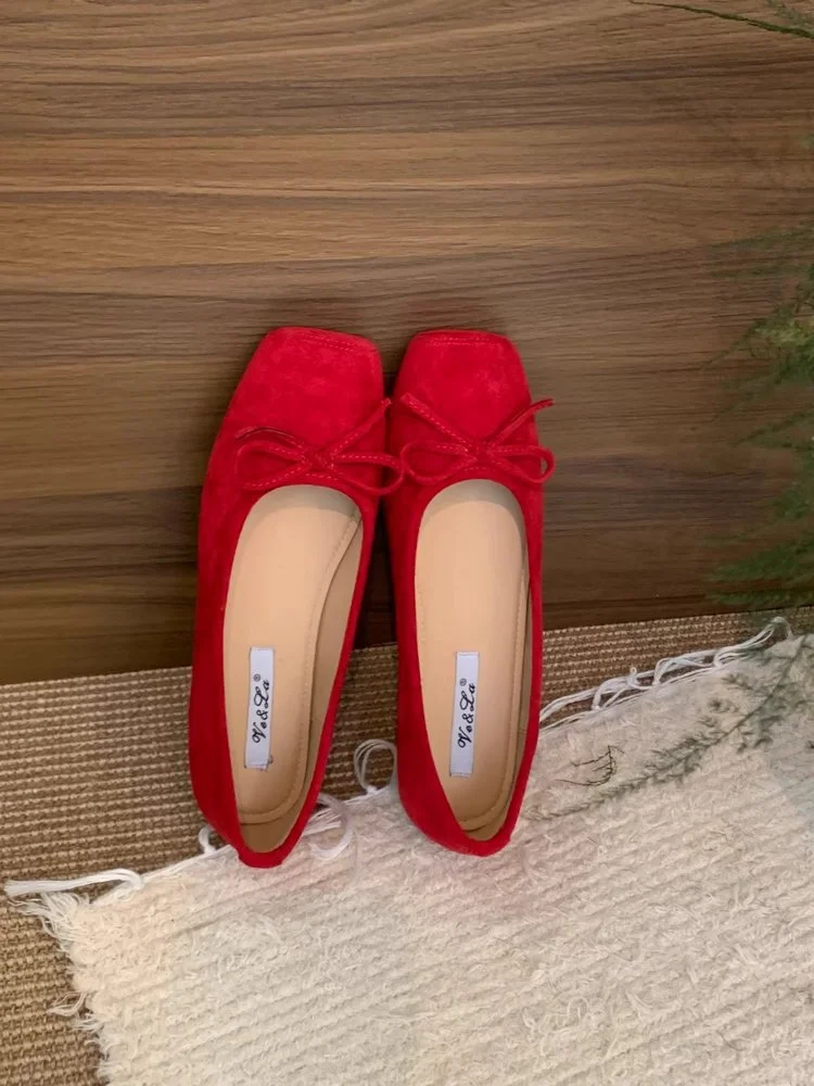 Yyvonne Bow Red Flat Shoes Grandma Shoes Spring And Autumn Lazi Shoes Gentle Single Shoes Retro Women's Shoes
