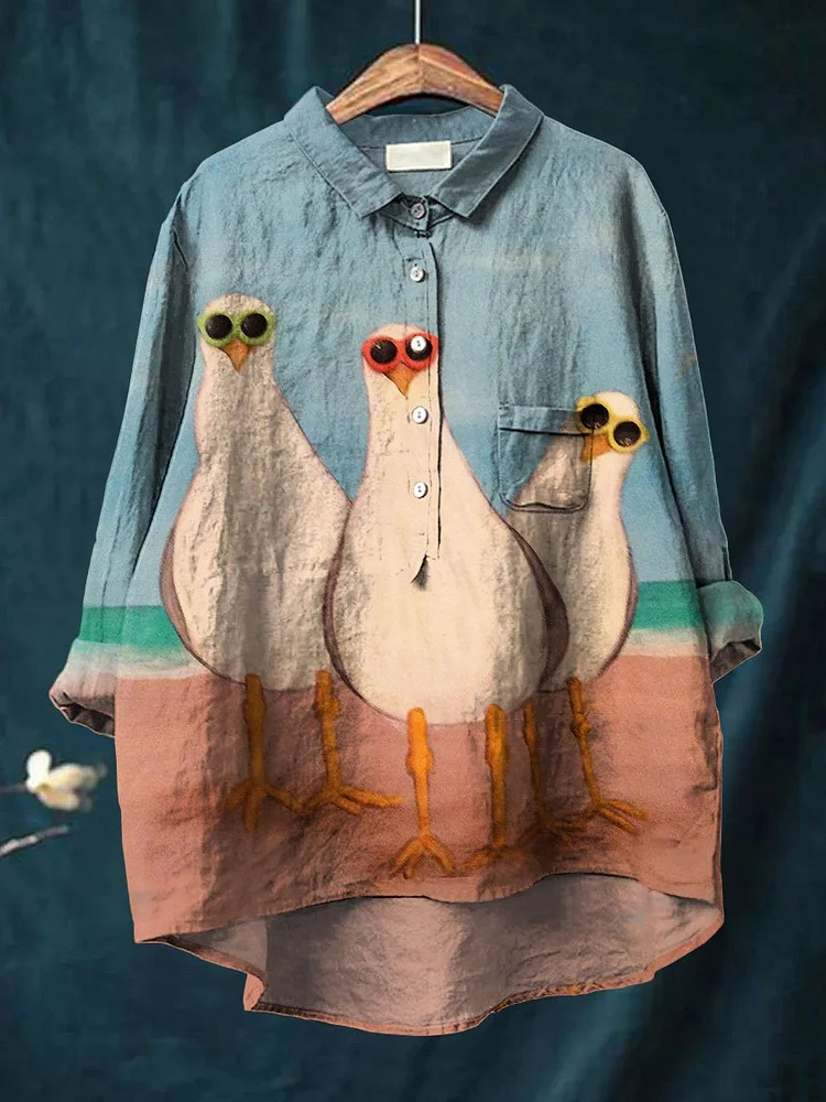 Funny Bird Art Printed Women's Casual Cotton And Linen Shirt
