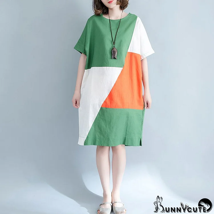 fine green Midi linen dresses plus size clothing shirt dress Elegant o neck patchwork linen dresses