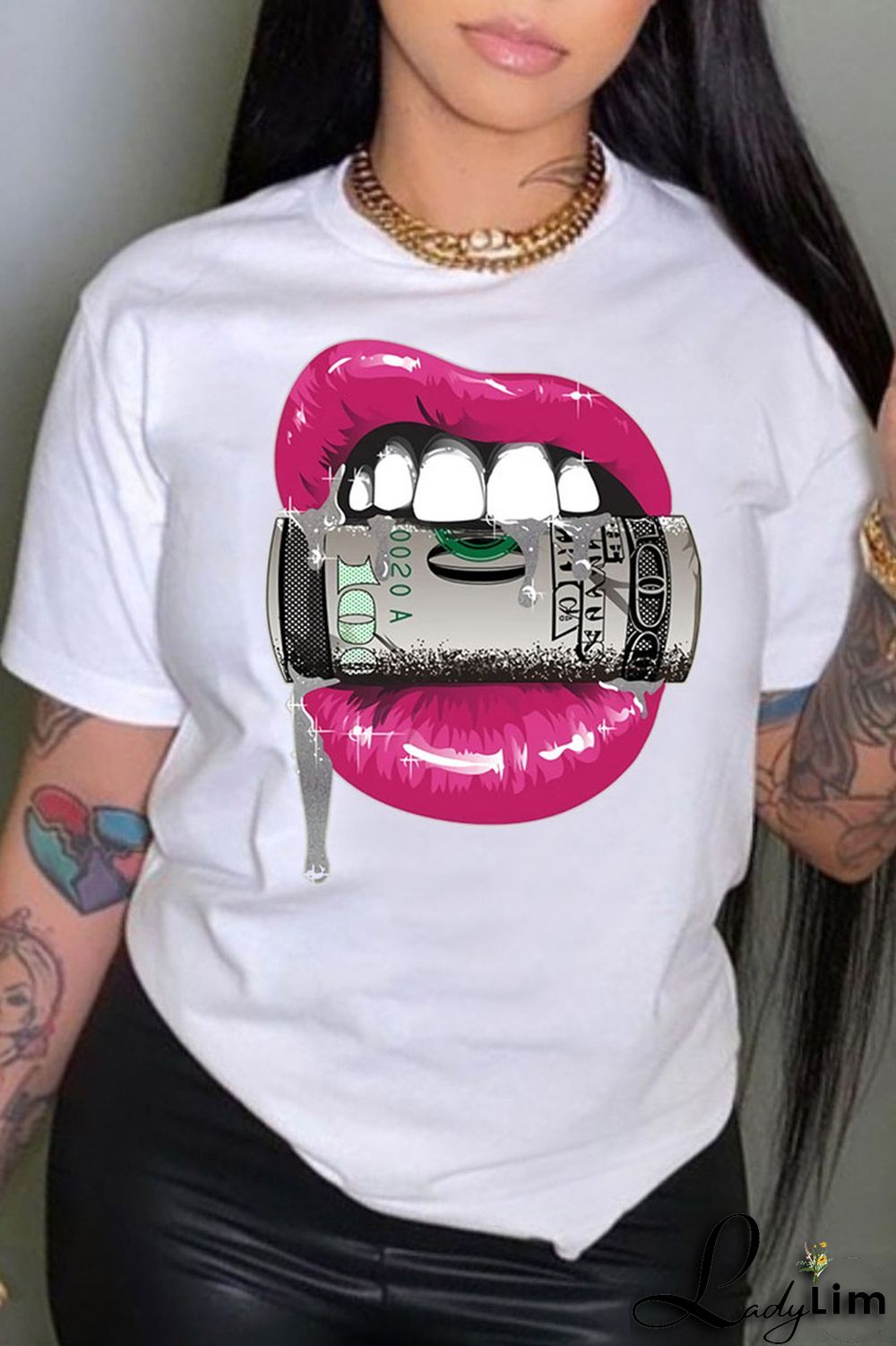 White Pink Casual Street Lips Printed Letter O Neck T-Shirts