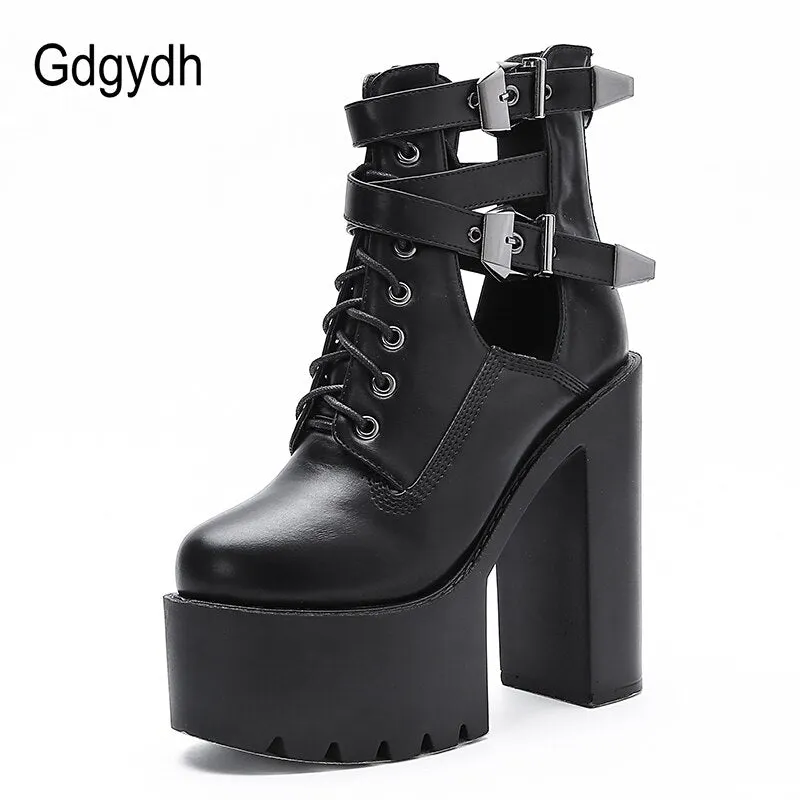 Gdgydh Sexy Buckle Womens Nightclub Shoes High Heels Hollow Out Ankle Boots Platform Heels Gothic Black Leather Short Boots Lady
