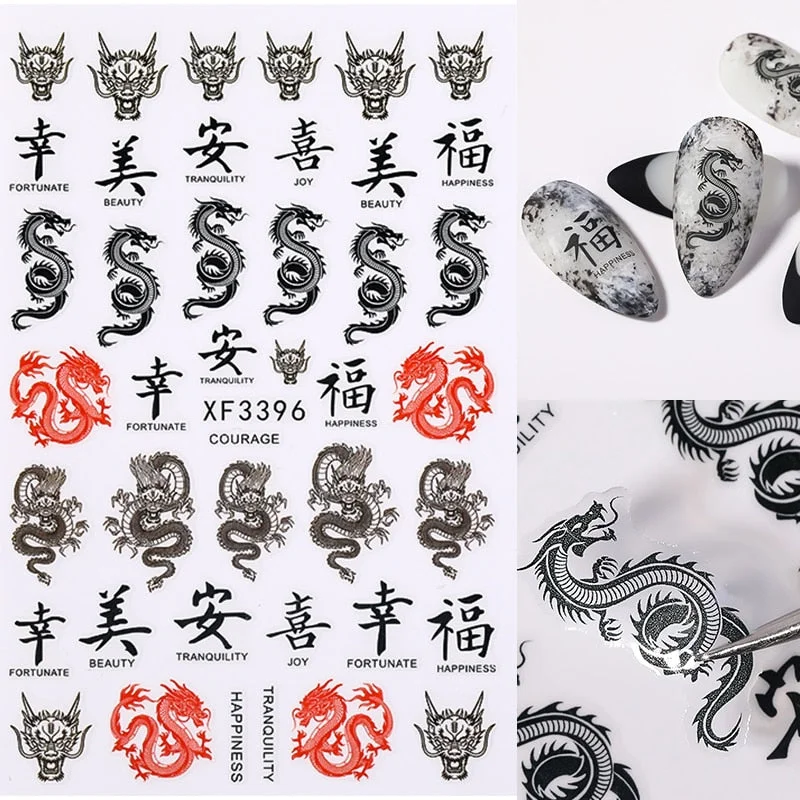 Red Black Colorful 3D Dragon Design Stickers Women Love Nail Art Slider Gel Polish Decal Temporary Decoration For Nail Manicures