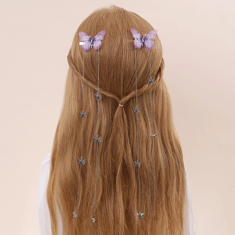 Europe And America Girls Vintage Antique Voile Butterfly Long Chain Grip Barrettes Leisure Daily Travel Hair Clip Headdress