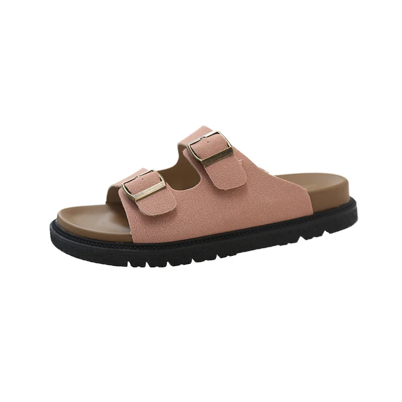 Yyvonne Shoes Casual One Word Slipper Women's Summer 2024 New Boken Wearing A Thick Belt Buckle Flat Half Slippers
