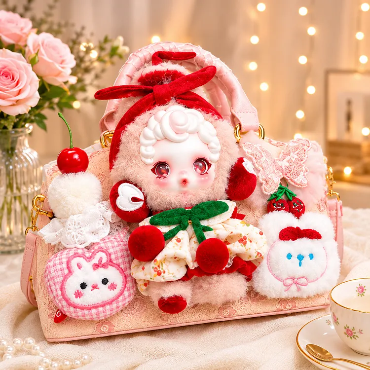 Kawaii Pink Plush Doll Handbag, Cherry Lace Shoulder Bag, Cute Lolita Purse, Aesthetic Crossbody Bag, Gift for Her