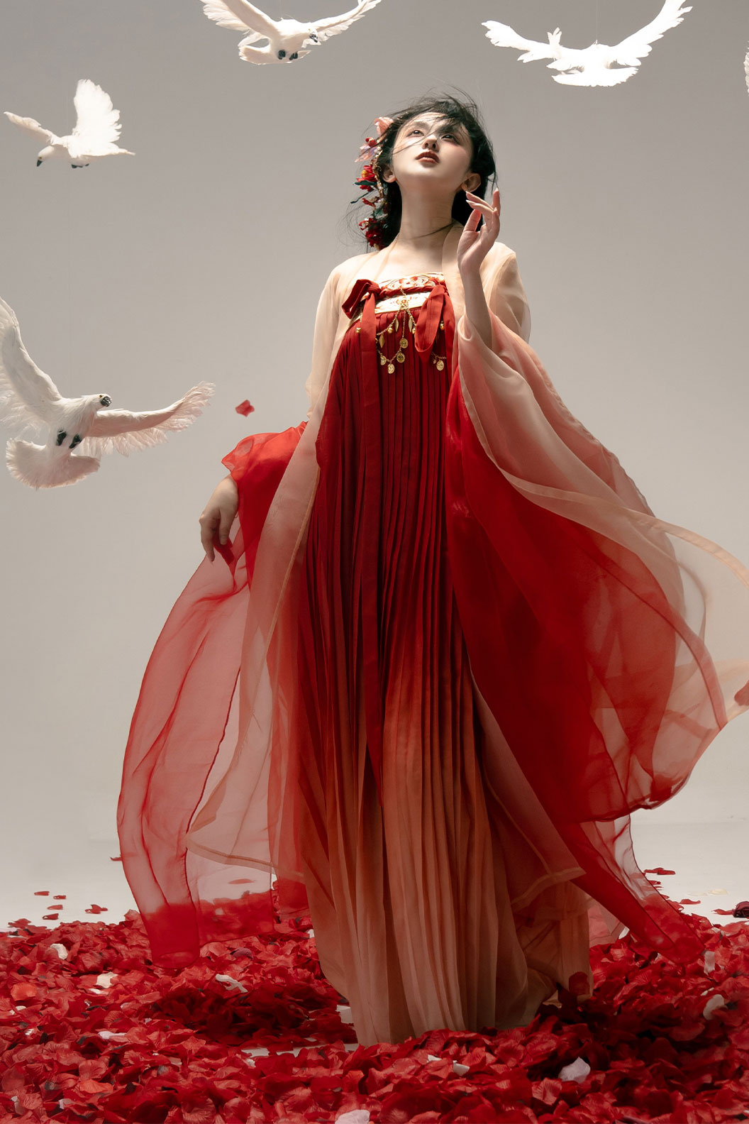 Tang Dynasty Red Hanfu Dress with Embroidered Chest-high Pleated Skirt and One-Piece - hongying 红樱 Stupa Stones