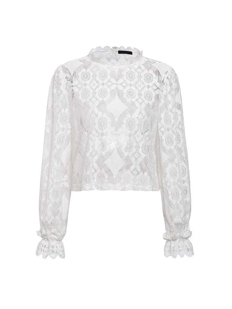 Lace Blouse Solid Color Sweet Style Long Sleeve Top