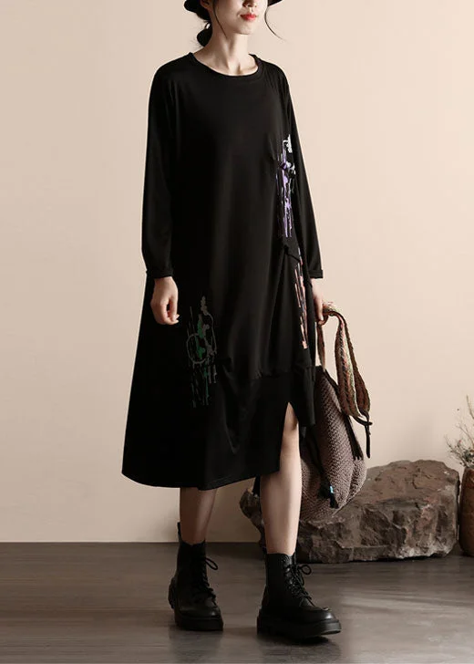 Fashion Black Asymmetrical Wrinkled Patchwork Cotton Dresses Spring