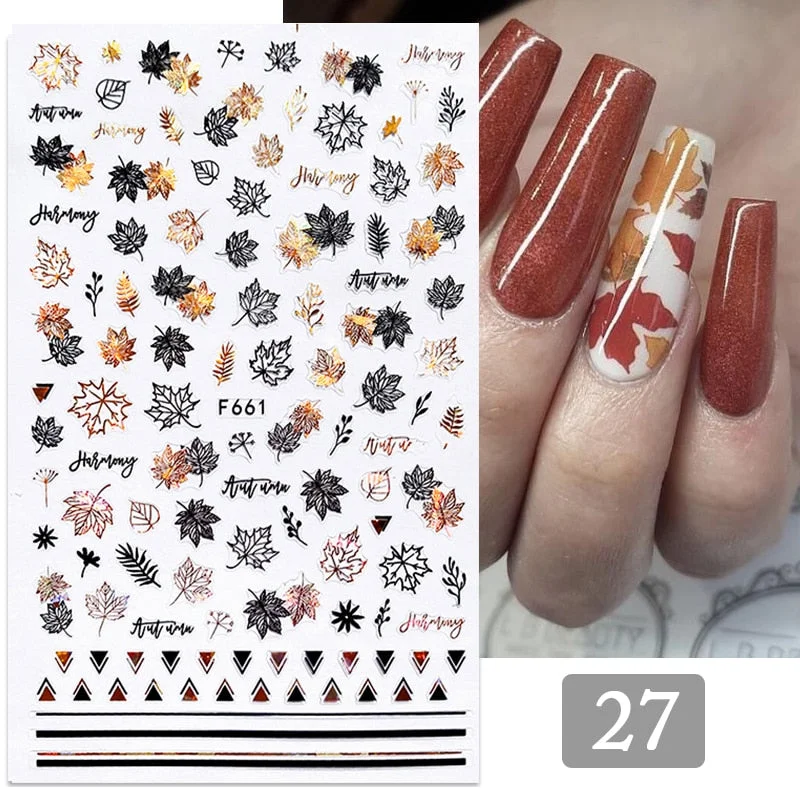Iridescent Bronzing Fall Leaf 3D Nail Sticker Autumn Gold Black Sparkly Maple Leaves Decals Slider Nail Art Decoration Manicures