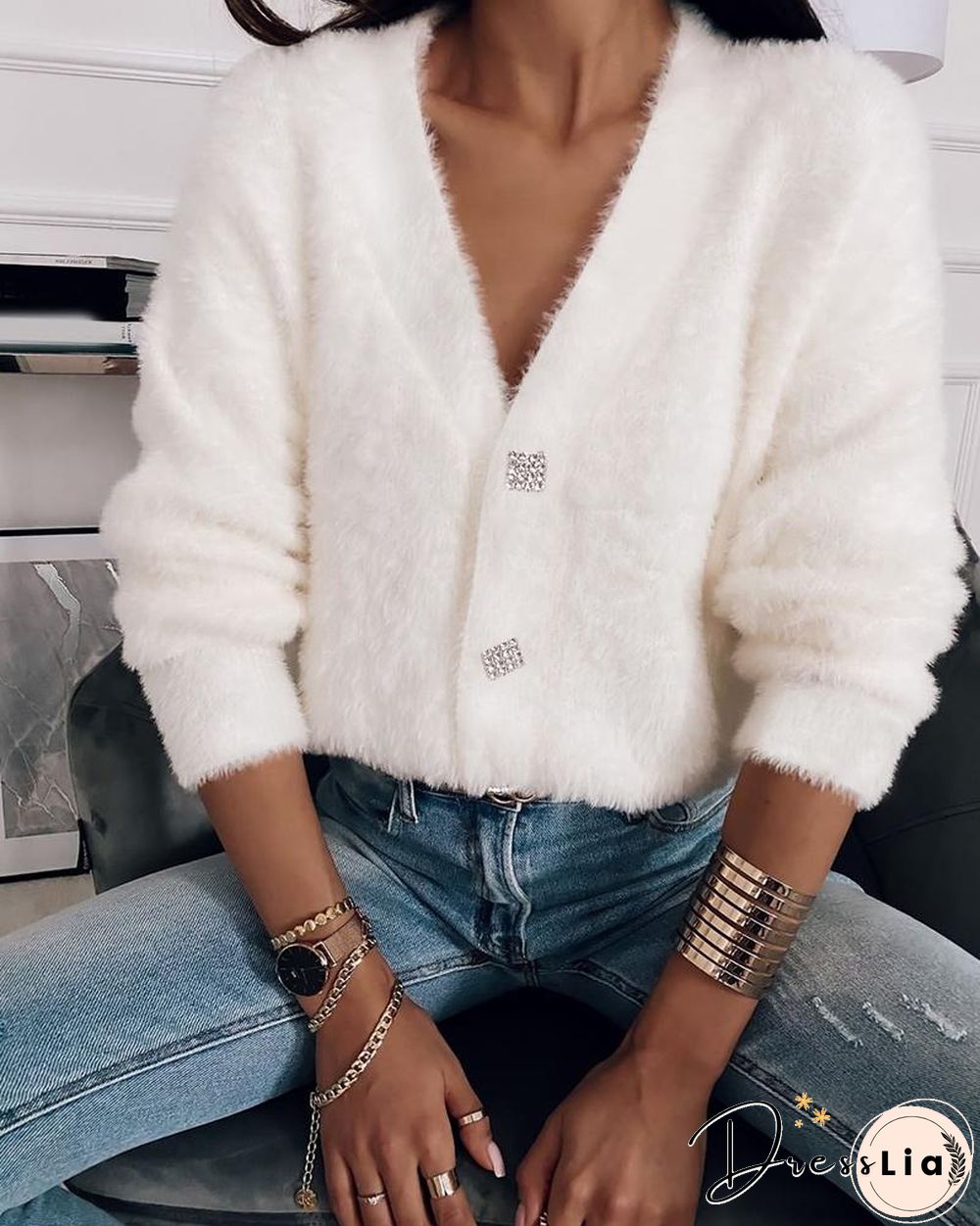 Button Decor Fluffy Cardigan P10391